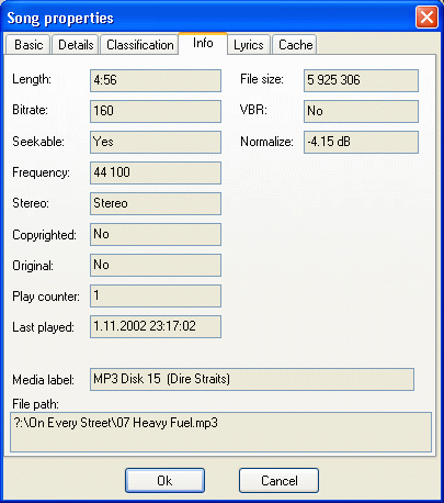 Song properties - info sheet